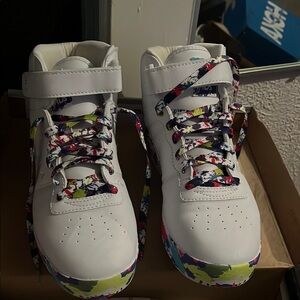 Kids White High-Top Sneakers with Colorful Laces